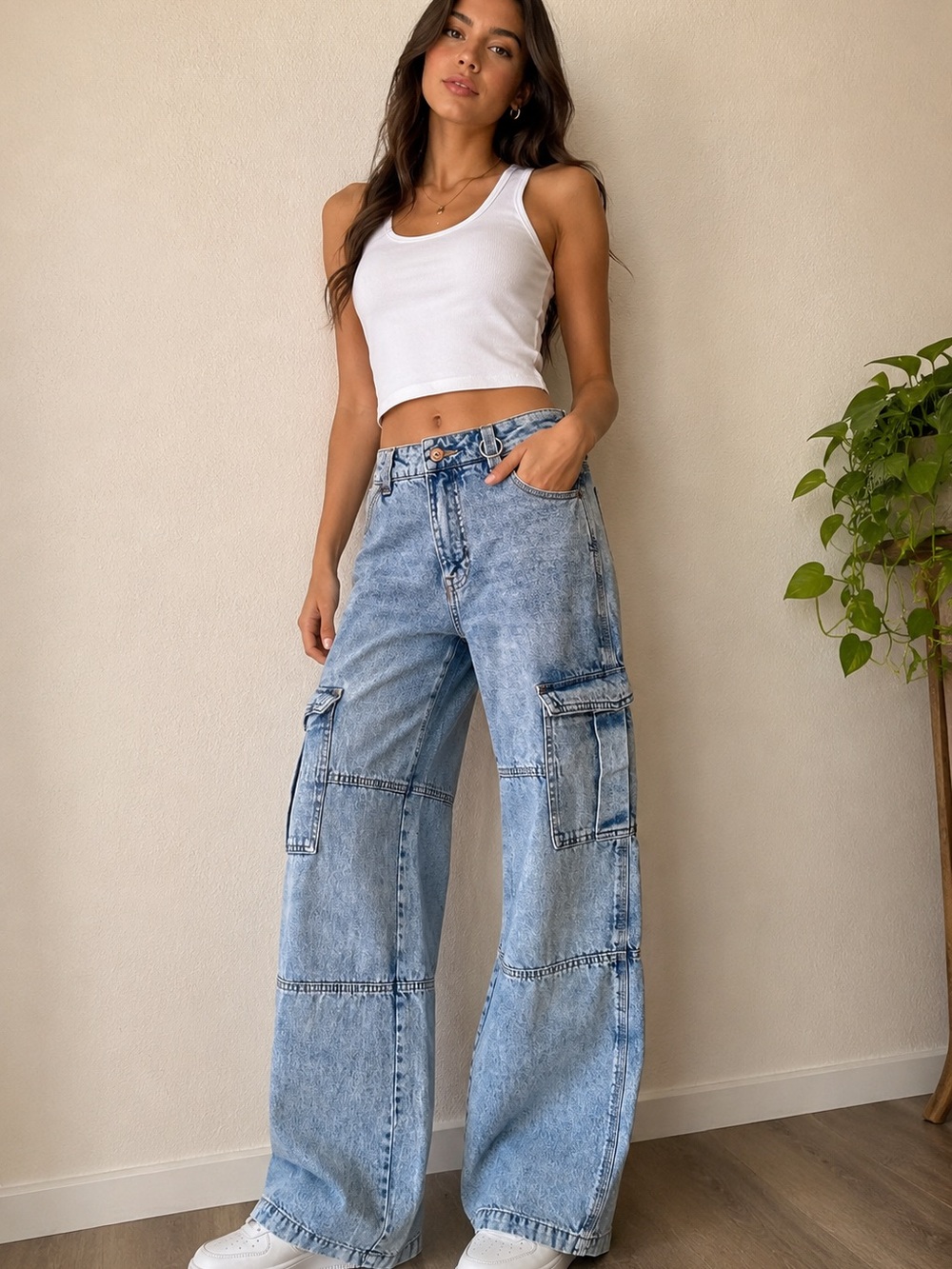 H&M Light Blue Wide-Leg Cargo Jeans
